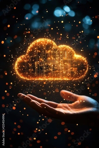Obraz Creating a digital cloud concept in a hand technology visualization dark background