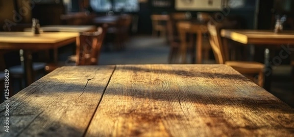 Fototapeta Rustic Wooden Table in a Cozy Pub Atmosphere