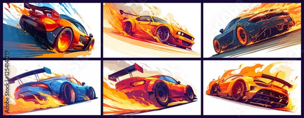 Fototapeta Race cars on fire poster. Speed and power, success concept. Automobile engine vector illustration