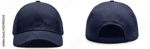 Fototapeta Navy blue baseball cap mockup, front and back views, white background, design template
