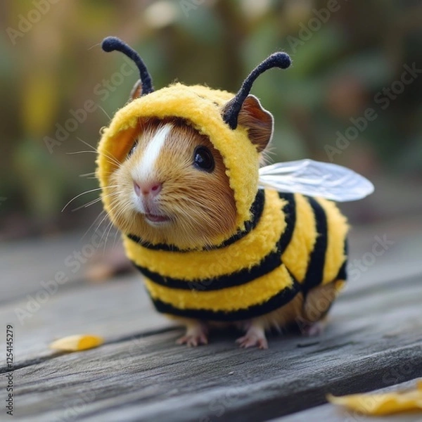 Fototapeta This delightful guinea pig dons a yellow bee costume with wings, bringing cuteness and charm, ideal for bright and cheerful animal-themed content.