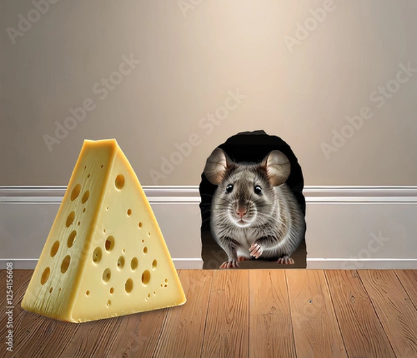 Fototapeta Mouse coming out of a home cave to eat a piece of cheese.
