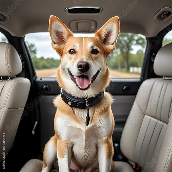 Fototapeta Happy dog inside a car seat.