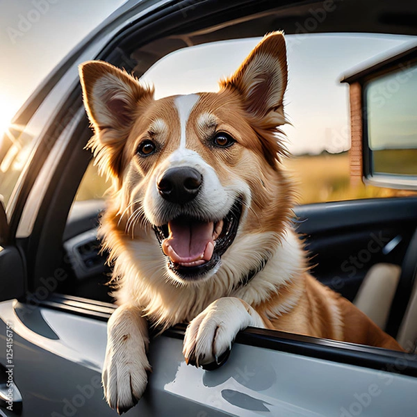 Fototapeta Happy dog on car look out the window.
