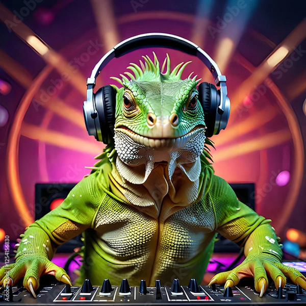 Fototapeta Iguana deejay wearing stereo music headphones on deejay mixer console.