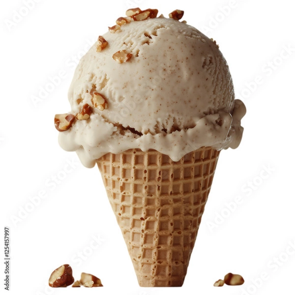 Fototapeta Hazelnut ice cream cone isolated. A rich and creamy scoop of nut-flavored frozen dessert on a crispy waffle cone. AI generated.  .