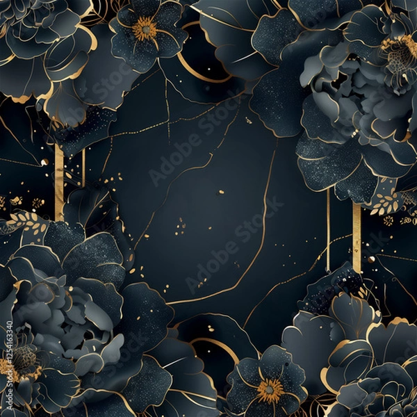Obraz A beautifully designed black and gold floral frame set against a deep, dark background to enhance its stunning features and details