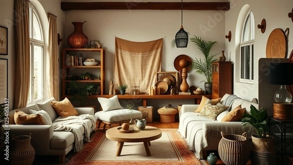 Fototapeta A carefully curated interior blending contemporary design with eclectic bohemian touches—soft layere