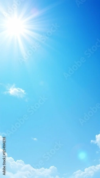 Fototapeta Bright Sun Shining in a Clear Blue Sky with Fluffy White Clouds, Summer Background, Photograph
