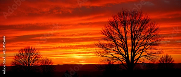 Fototapeta Bare Tree Silhouettes Against a Vibrant Sunset Sky Creating a Dramatic and Serene Atmosphere with Vivid Orange and Red Hues in the Background
