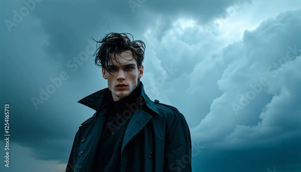 Fototapeta A male model in a high-neck trench coat with his collar popped, standing against a backdrop of dark