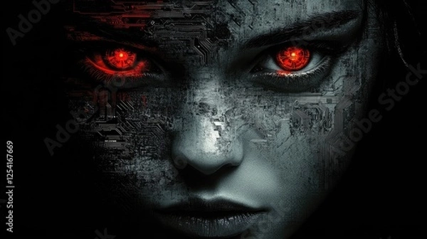 Fototapeta A futuristic face with glowing red eyes and a cybernetic texture.