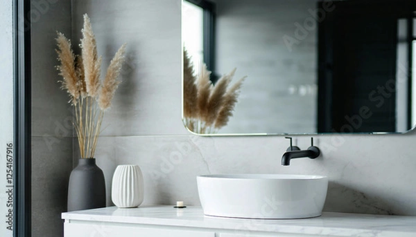 Fototapeta A clean and modern bathroom with a white floating sink, a frameless mirror, and soft gray walls, wit