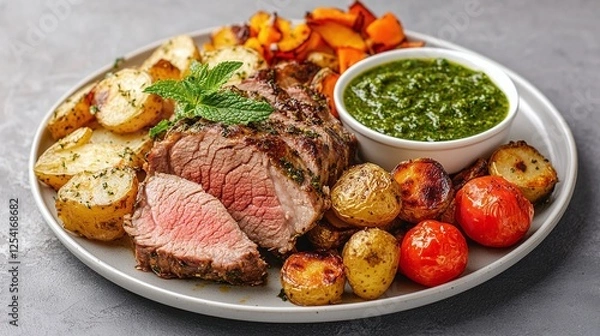 Obraz A plate of Welsh roast lamb with mint sauce, served with roasted potatoes and vegetables