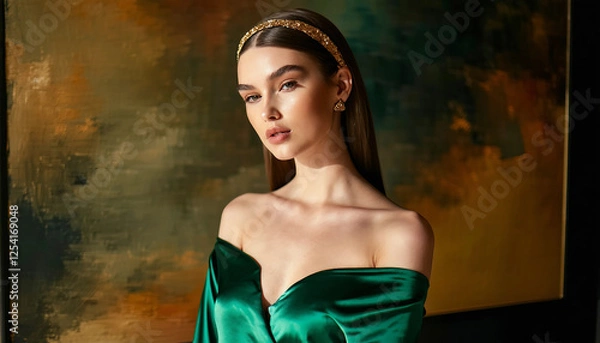 Fototapeta A model in an off-shoulder satin top in rich emerald green, her head adorned with a simple gold head