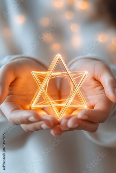 Fototapeta Woman's hands gently cradling a glowing, six-pointed star. Warm, ethereal light.