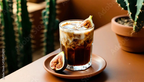 Fototapeta A cold brew coffee poured over ice in a smoky glass, paired with a delicate fig garnish, set on a te