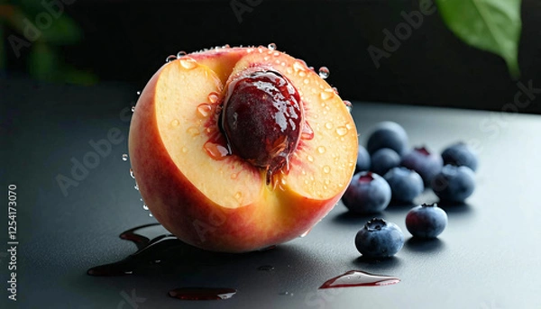 Fototapeta A single, perfectly ripe peach with a glistening water droplet, sliced open to reveal its vivid, jui