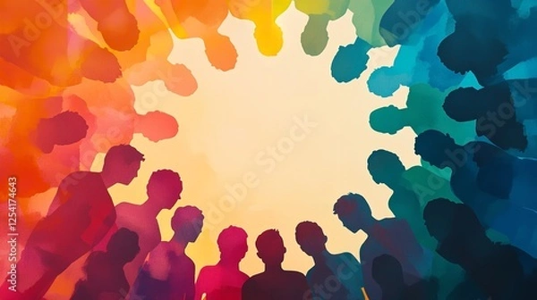 Fototapeta Vibrant silhouettes of people forming a circle, symbolizing teamwork and community in a modern, inclusive design for corporate team-building events