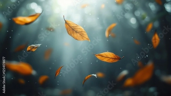 Fototapeta Autumn leaves floating in forest sunlight
