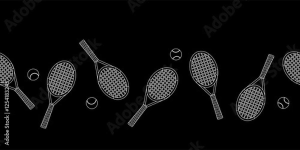 Fototapeta Seamless border. Tennis rackets and balls on a black background. Popular sports. Vector illustration for wallpaper, wrapping paper, print. Black and white.