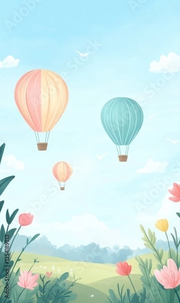 Fototapeta Hot air balloons drift gracefully over a colorful field during a bright sunny day. Generative AI