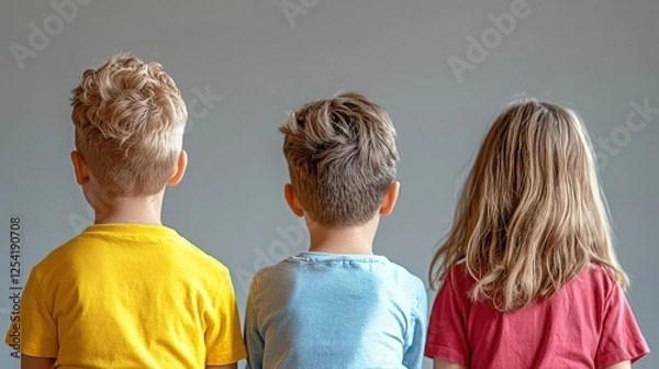 Fototapeta Three Children Back View In Different Colored T-Shirts