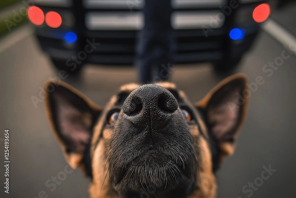 Obraz Curious German Shepherd Dog with Alert Nose Sniffing the Air on the Road