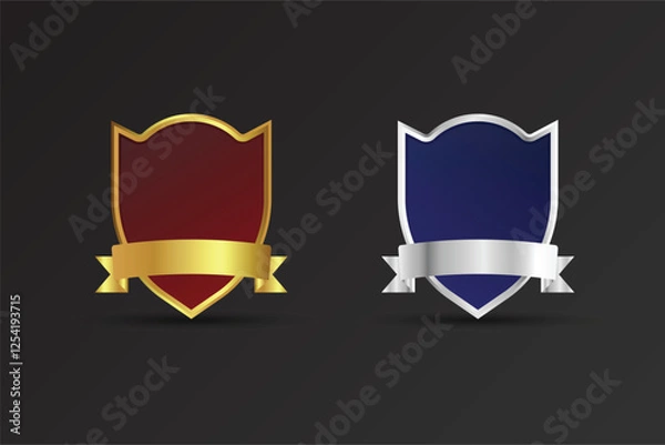 Fototapeta Blank shield and badge element on a dark background. Special police and security badge design. Luxurious golden and silver badge with red and blue colors. Shield vector with ribbons and text space.