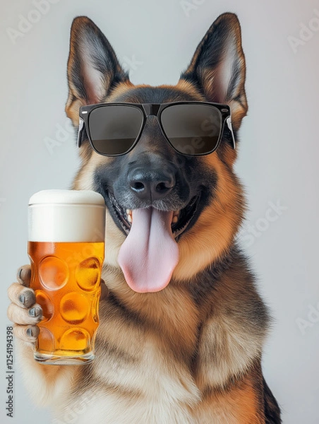Obraz German Shepherd dog wearing sunglasses, holding beer pint and looking funny and happy