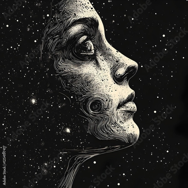 Fototapeta Cosmic Dreamscape: Black and White Surreal Portrait Illustration of a Woman's Profile Amidst a Galaxy of Stars in Deep Space