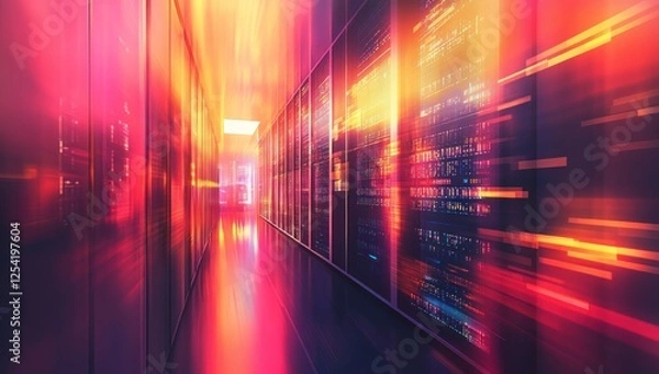 Fototapeta Data Center Corridor: A Neon Glow of Digital Information