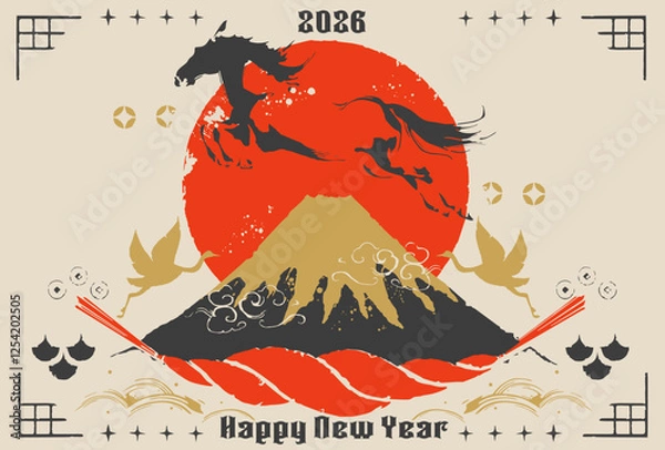 Fototapeta 午年, 年賀状, 2026年, 馬, うま年, ベクター, お正月, 和柄, 富士山, 和風, 筆書き, 背景, フレーム, 和, 筆, 鶴, モダン, デザイン, 大正ロマン, 正月, 手描き, イラスト