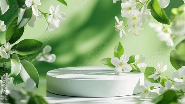 Fototapeta Lush green setting with a minimalistic white podium surrounded by delicate white flowers