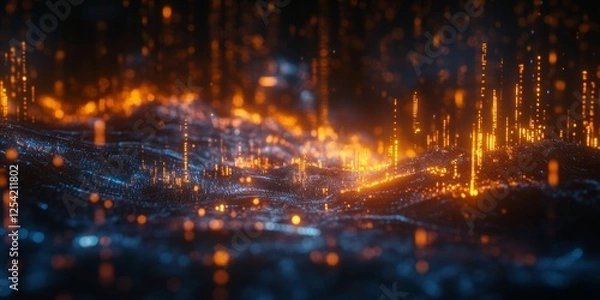 Fototapeta Glowing digital landscape, particles falling, dark background, tech concept