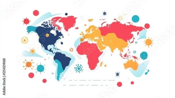 Fototapeta Virus floating on world map flat design front view, Epidemiology illustration Front view Bright.