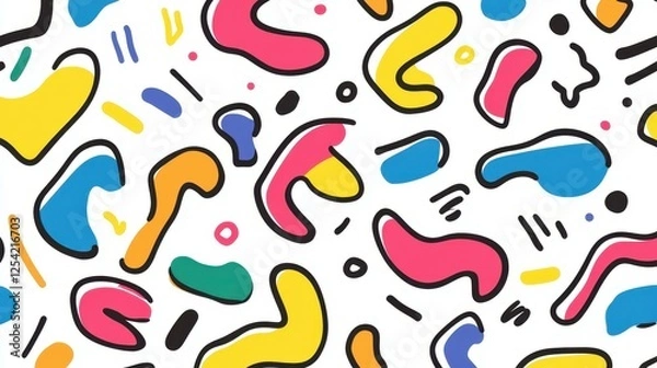 Fototapeta Bright and playful doodle pattern perfect for kids spaces or trendy design projects, featuring colorful squiggles and shapes.