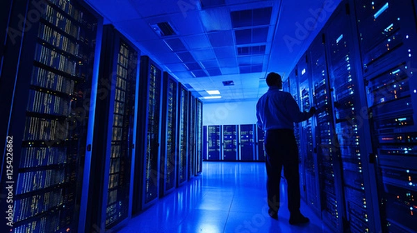 Obraz A technician in a modern data center inspecting illuminated server racks under cool blue lighting representing IT infrastructure and cloud computing
