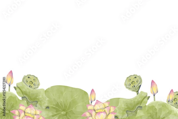Obraz Lotus Flowers and Water Lilies Horizontal Border, Watercolor Illustration for Printing on Cards, Flyers, Leaflets, Posters, Fabric, Textiles and Social Media Post Design