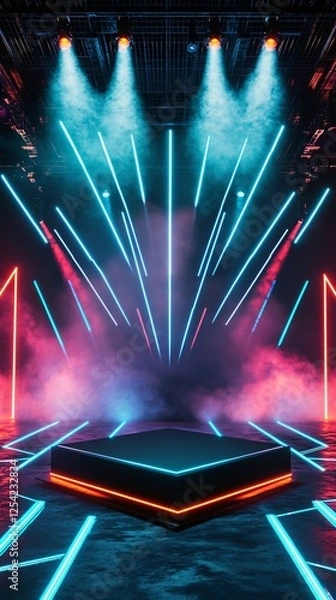 Fototapeta High-Tech Gaming Arena with Angular Podium and Dynamic LED Lights. Copy space. Generative AI