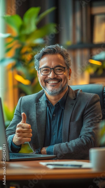 Fototapeta A photograph depicts an excited middle-aged male manager in glasses, sitting at a desk with a laptop and giving a thumbs up to the camera