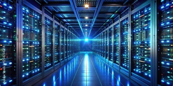 Fototapeta Futuristic server room with rows of glowing LED lights on server racks displaying data streams and circuit boards in a darkened environment, innovation, technology