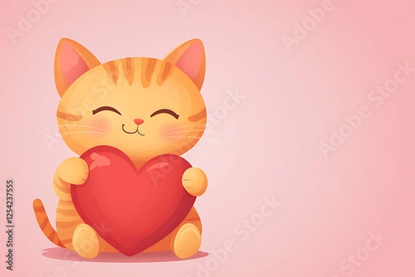 Obraz Cute cartoon cat holding a red heart against a soft pink background, perfect for love-themed designs