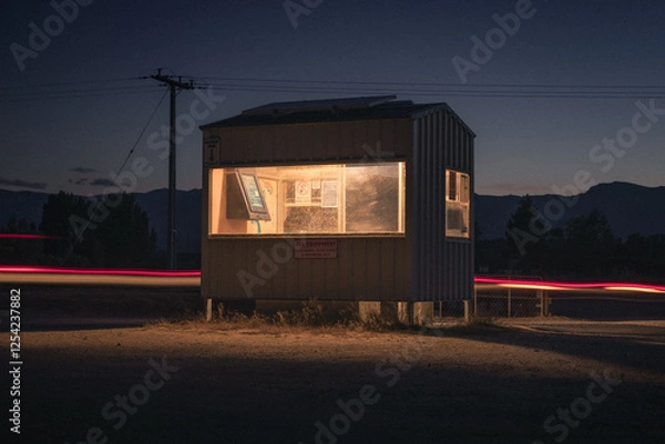 Obraz A lit up shelter box in the middle of the night on the side of a country road.