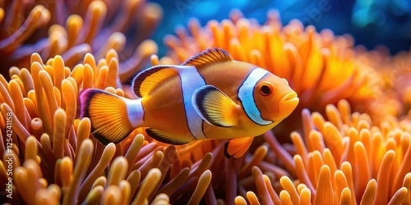 Fototapeta Brightly colored clownfish swimming amidst a cluster of vibrant sea anemones with wavy tentacles , Orange and Yellow Colors, Marine Life