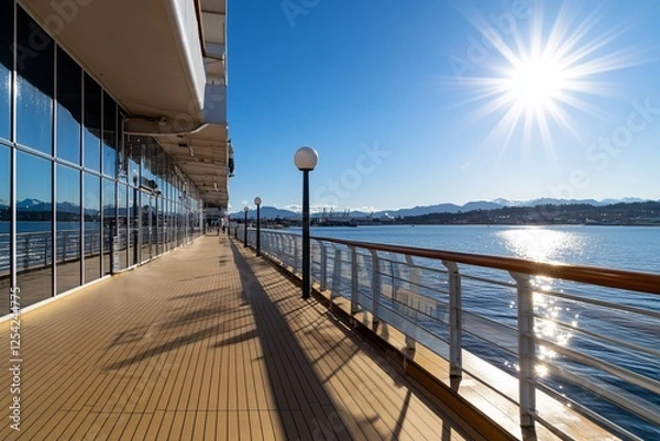 Fototapeta Scenic waterfront view with sun and mountains reflected in water.