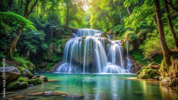 Fototapeta waterfall cascade in forest, tranquil atmosphere, natural scenery