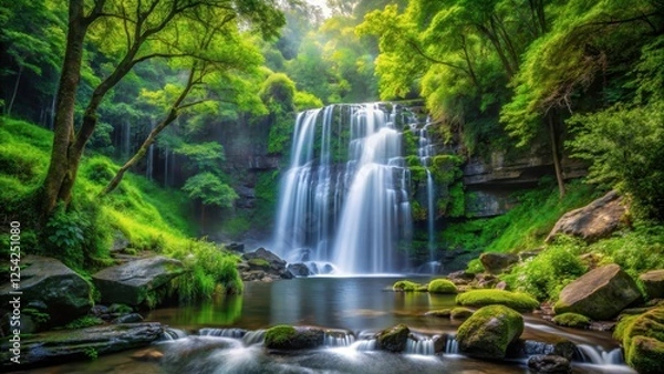 Fototapeta Serene forest ambiance with a stunning waterfall cascading down a rocky slope amidst lush greenery and vibrant foliage