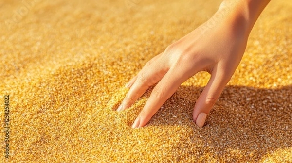 Fototapeta Woman relax on beach with sunset. Hand Gently Touching Soft Golden Sand in Sunlight at a Beach Setting