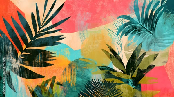 Fototapeta Abstract Tropical Foliage Vibrant Palm Leaves and Textured Background